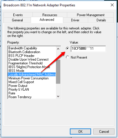 change mac address and press ok