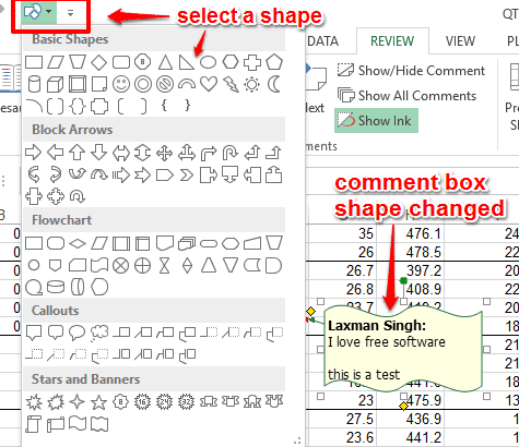 select a shape for comment box