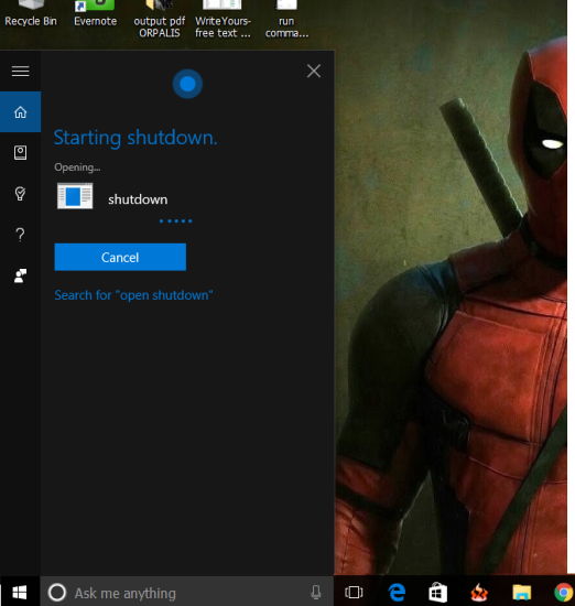 shutdown pc using cortana in windows 10