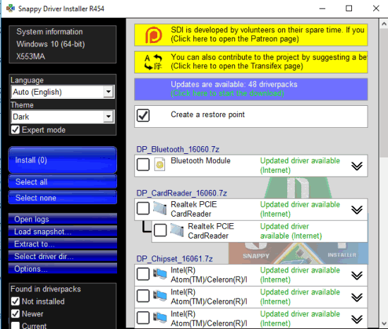 Snappy Driver Installer- interface