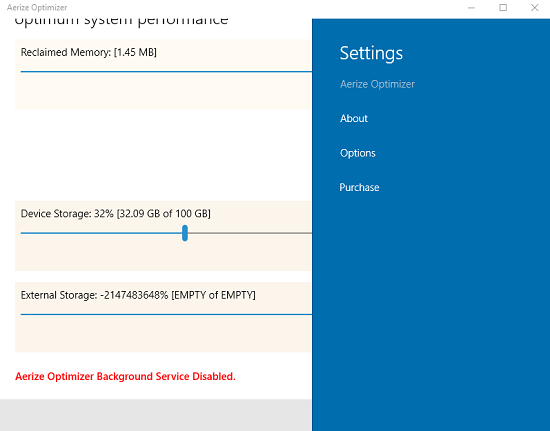 Aerize Optimizer menu