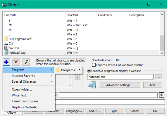 Clavier+ software interface