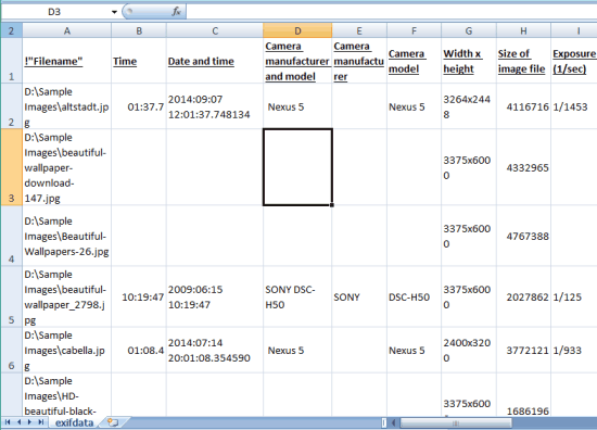 exif data of multiple images extracted as excel file