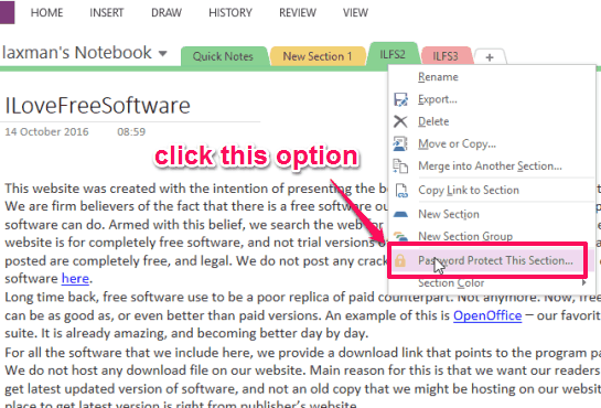 select password protect this section option