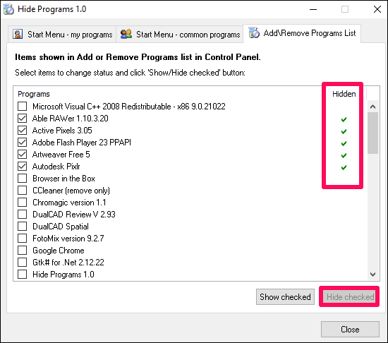 Hide program- hiding selected programs