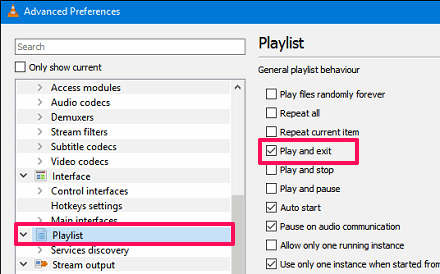 VLC prefrences play and exit
