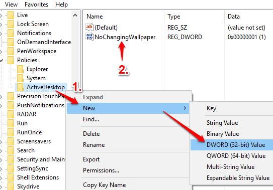 create NoChangingWallpaper dword value
