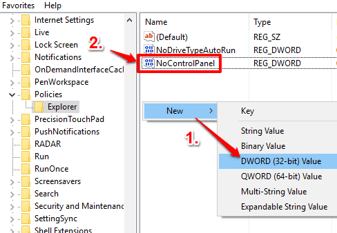 create NoControlPanel dword value