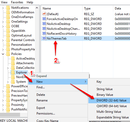 create NoThemesTab dword value