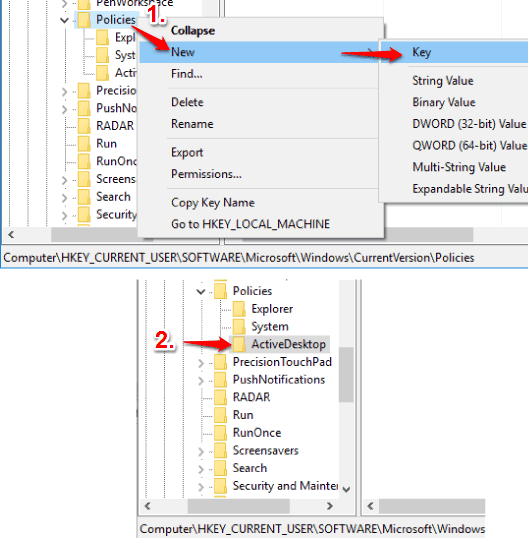 create activedesktop key under policies key