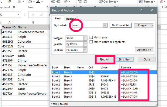 show cells formula specific output