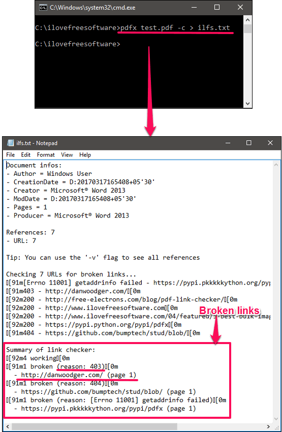 PDFX finding broken links with details in text file