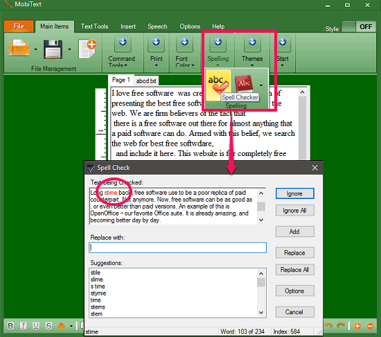 MobiText spell check