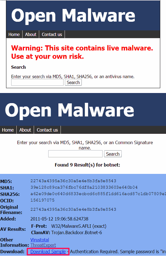 Open malware download virus sample