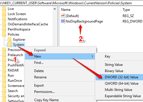 create NoDispBackgroundPage dword value