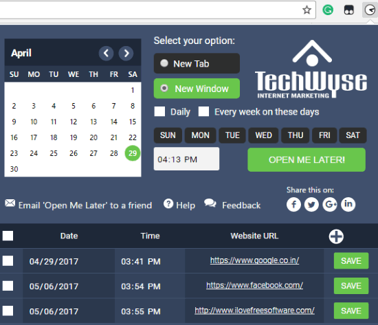 open me later chrome extension to schedule webpages in chrome to open at specific time