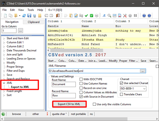 CSVed convert csv to xml