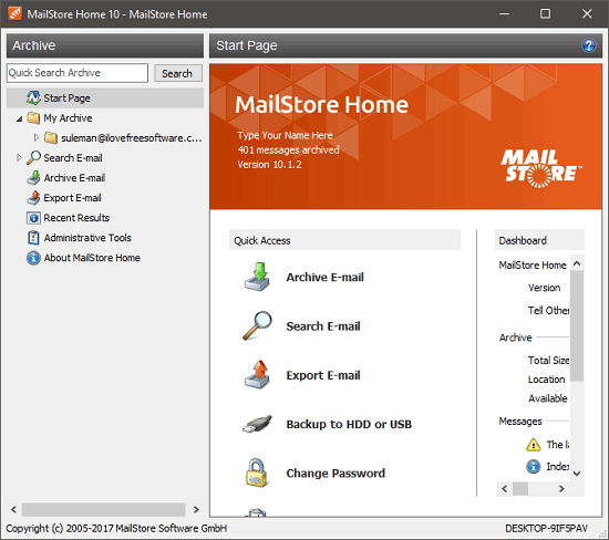 MailStore home interface