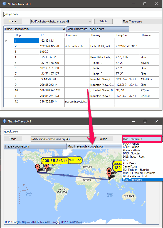 NetInfo trace viaul traceroute mapper windows