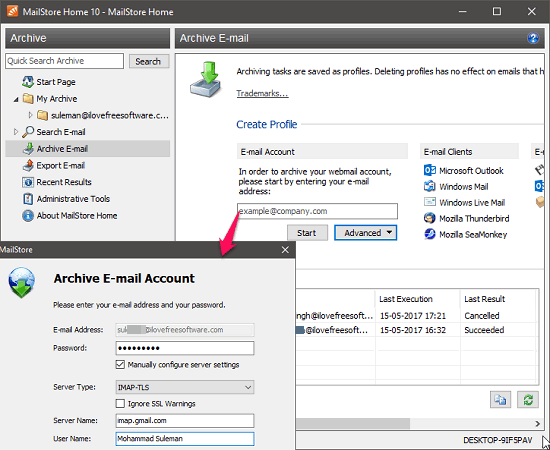 adding profile in mailstore home