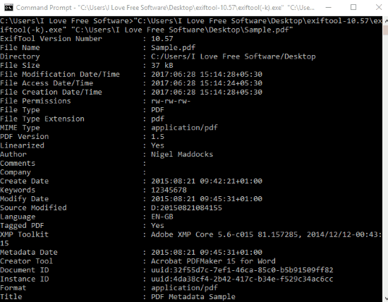 ExifTool command line pdf metadata viewer