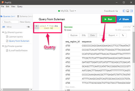 PopSQL quer with result