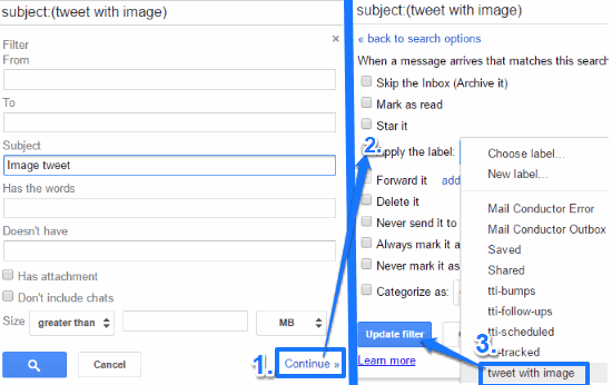 create gmail label to filter emails based on subject line to post media tweets from gmail