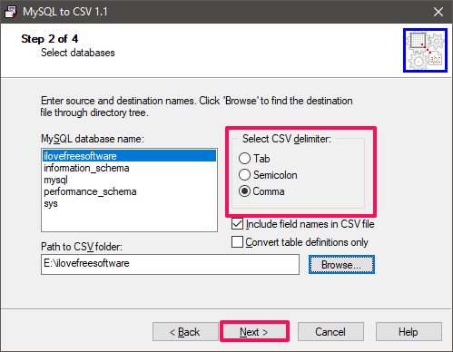 mysql to csv select database