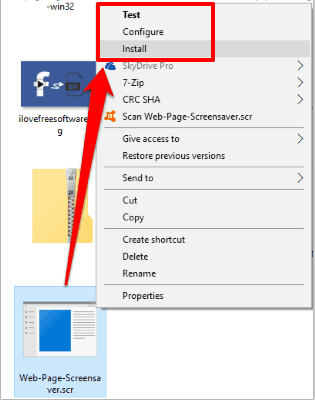 use right-click menu to install webpage screensaver.scr file