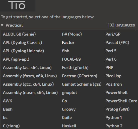 choose a programming language in try it online