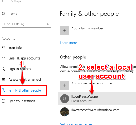 select a local user account