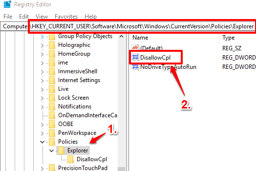 access explorer key and create disallowCpl dword value