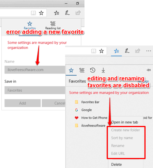changes to microsoft edge favorites in disabled