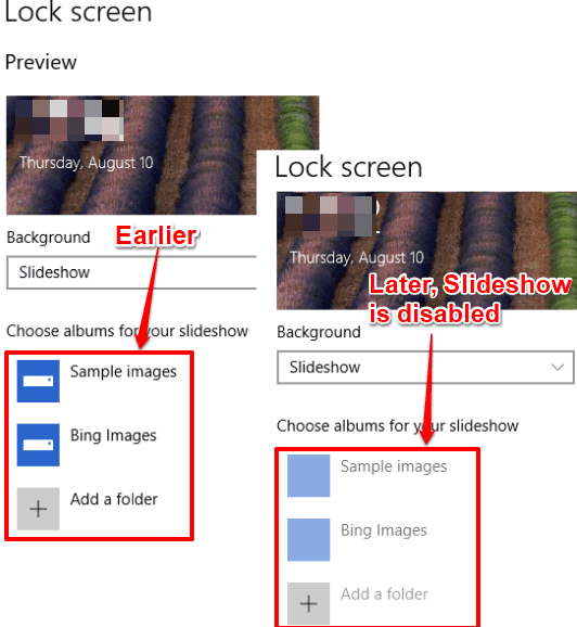 slideshow for lock screen disabled in windows 10