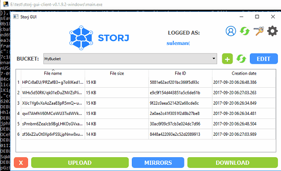 Storj GUI client interface