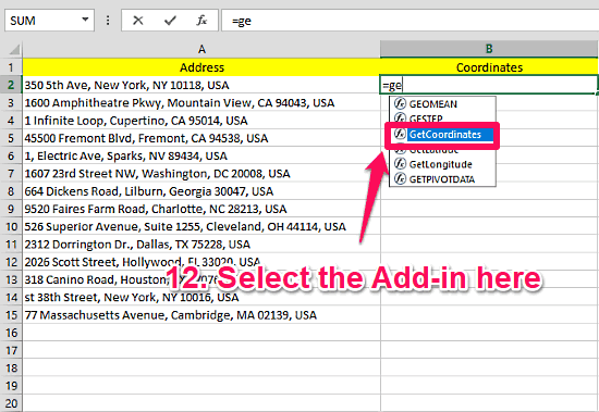 geocooding excel addin