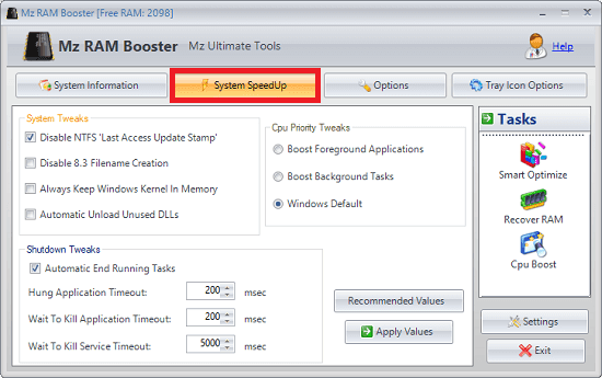 Mz RAM booster software system speedup