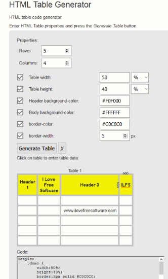 HTML Table Generator- interface