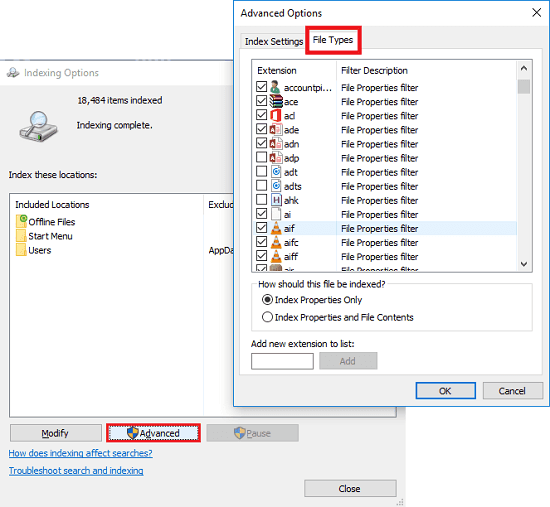 file types in indexing options