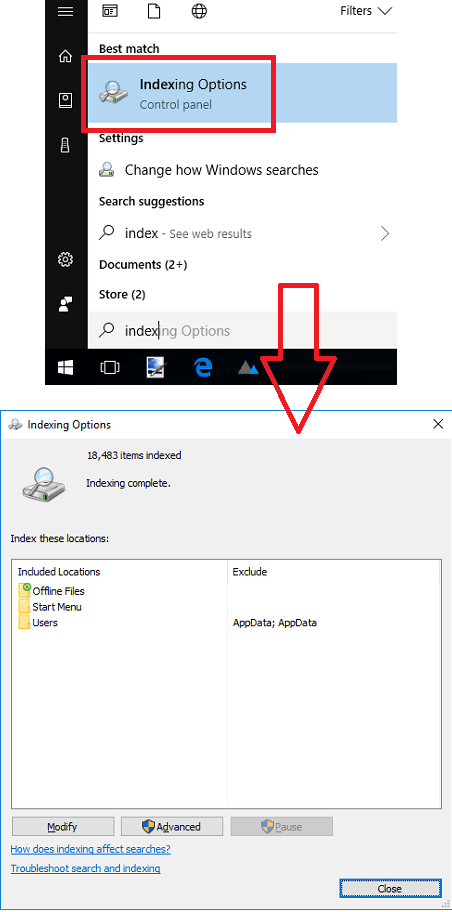 indexing options windows 10