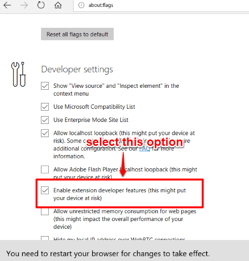 select enable extension developer features option
