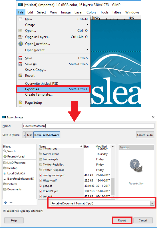Export PSD to PDF in GIMP
