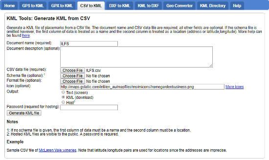 KML Tools: online csv to kml converter