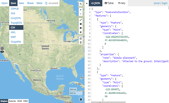 GeoJson.io: online Geojson to csv