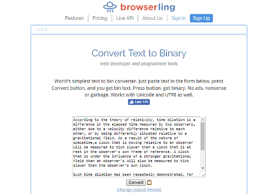 Browserling.com: convert text to binary online