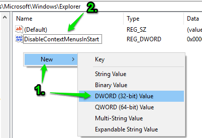 create DisableContextMenusInStart dword value