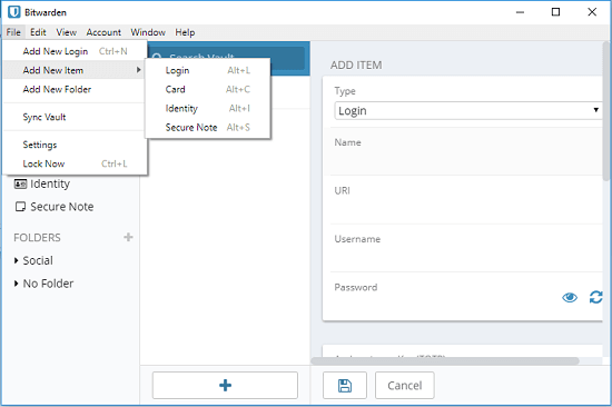 bitwarden add new password secure note card