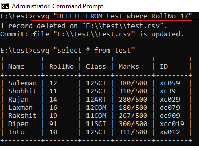 csvq delete command