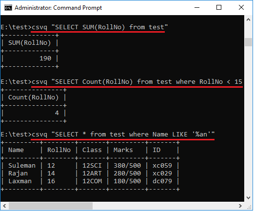 csvq sum count and wildcards sql commands