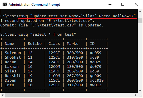 csvq update command